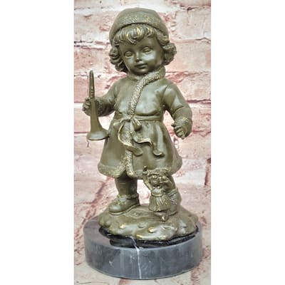 Bronze Winter Child Sculpture – Girl With Horn And Doll Figurine On Base