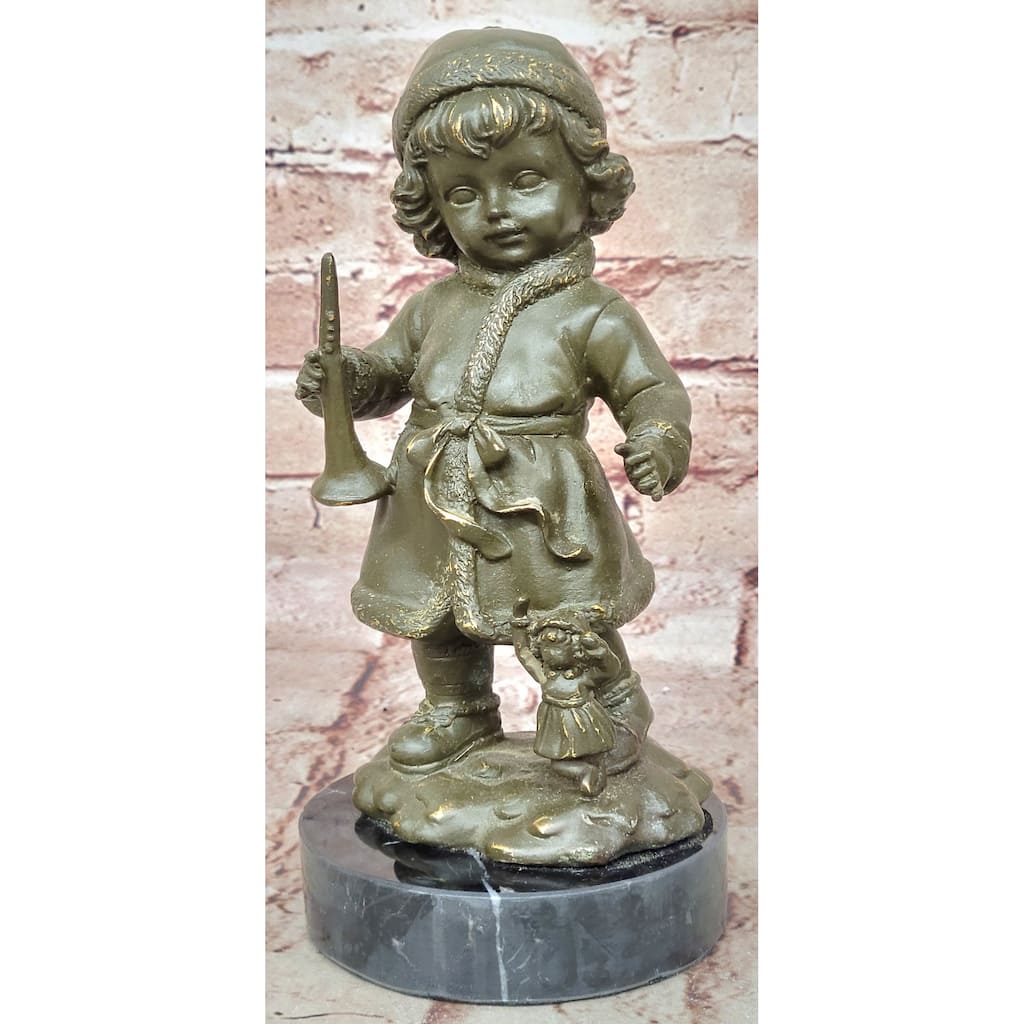 Bronze Winter Child Sculpture – Girl With Horn And Doll Figurine On Base
