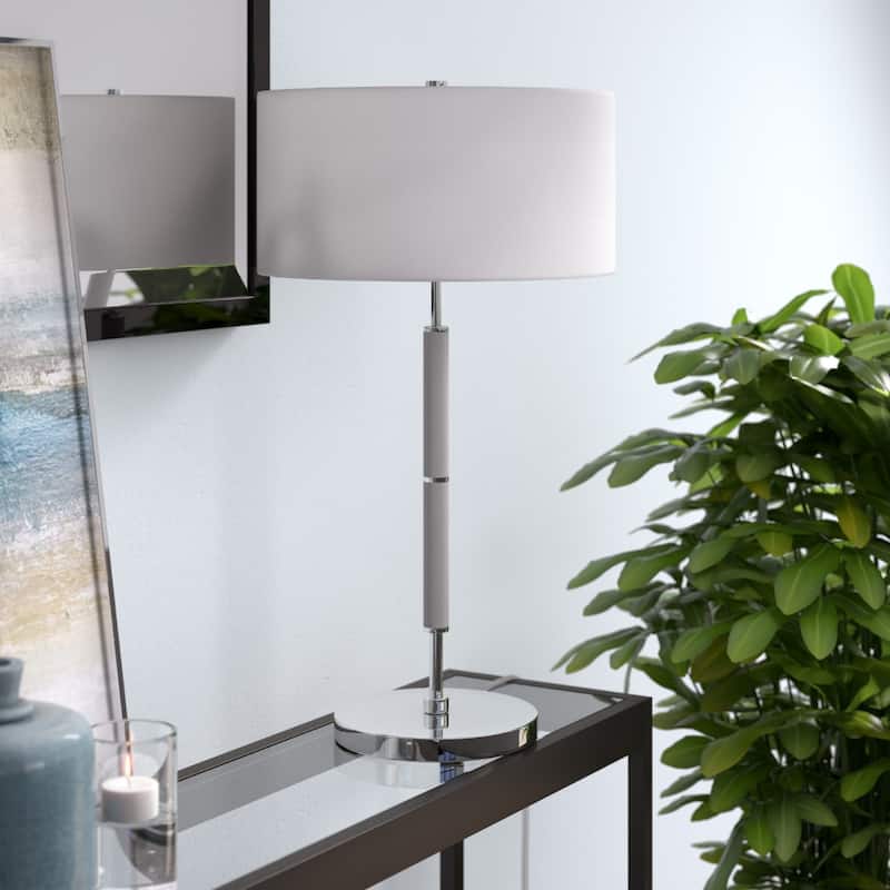 25-Inch Industrial Modern Table Lamp with Integrated LED Metal Base & Fabric Shade - 14" x 14" x 25"