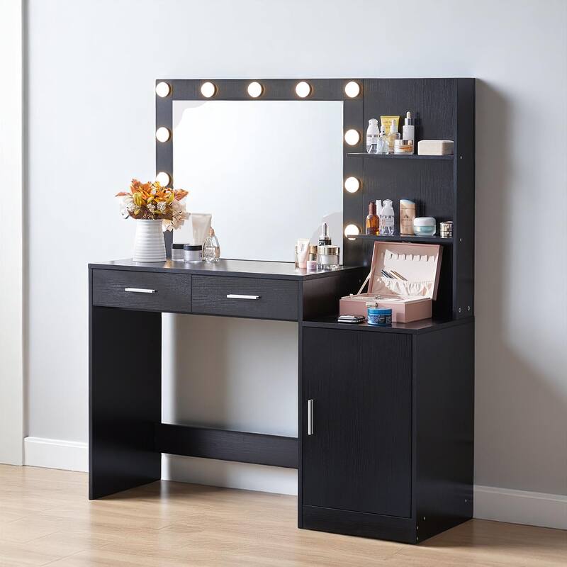 Makeup Vanity with Mirror and Lights, 46.4" Dressing Table with Storage Drawers, Shelves & 3 Light Modes