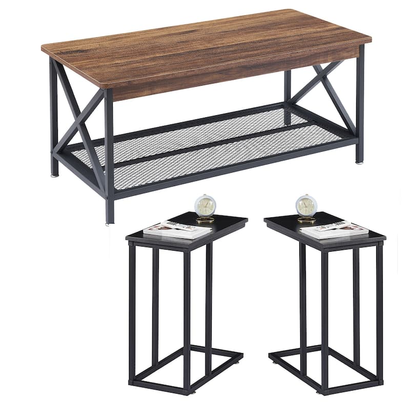 Javlergo 3-pieces Coffee Table Set for Living Room Wood Coffee Table and C End Tables Set of 2 - Black