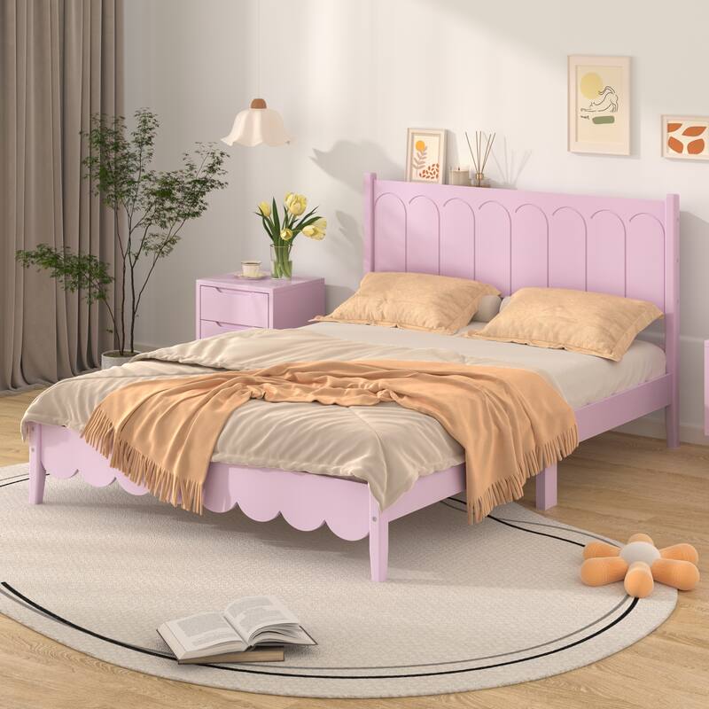Wood Platform Bed Frame, Retro Style Bed with Rectangular Headboard
