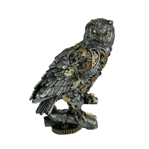 Metallic Silver and Gold Gothic Steampunk Owl Statue - 11 X 9 X 4.75 inches
