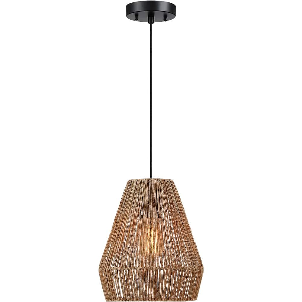 True Fine Bohemian Natural Jute Rope Island Mini Pendant Light with Black Hardware