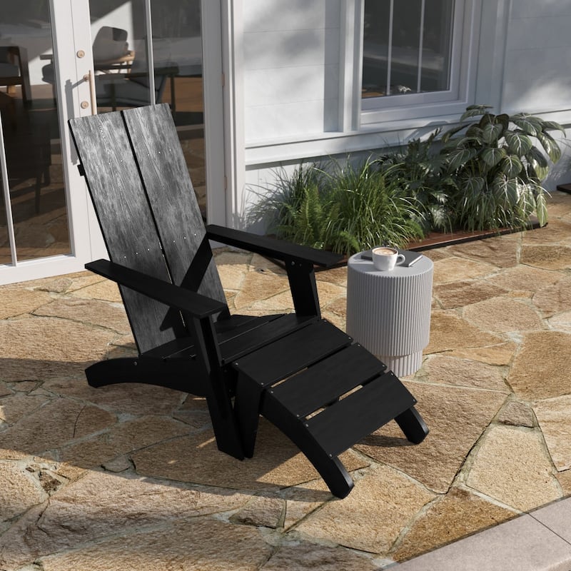 Modern All-Weather Dual Slat Adirondack Style Chair with Footrest