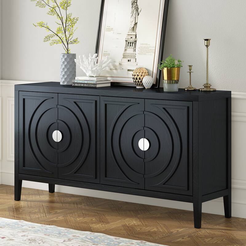 Vintage Distressed Finish Sideboard with Round Metal Handles and Large Storage Capacity - Black