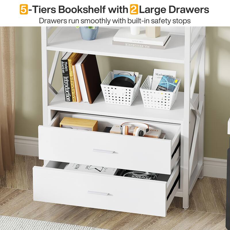 5 Shelf Bookcase 70.86 Inch Industrial Bookshelf with 2 Drawers,