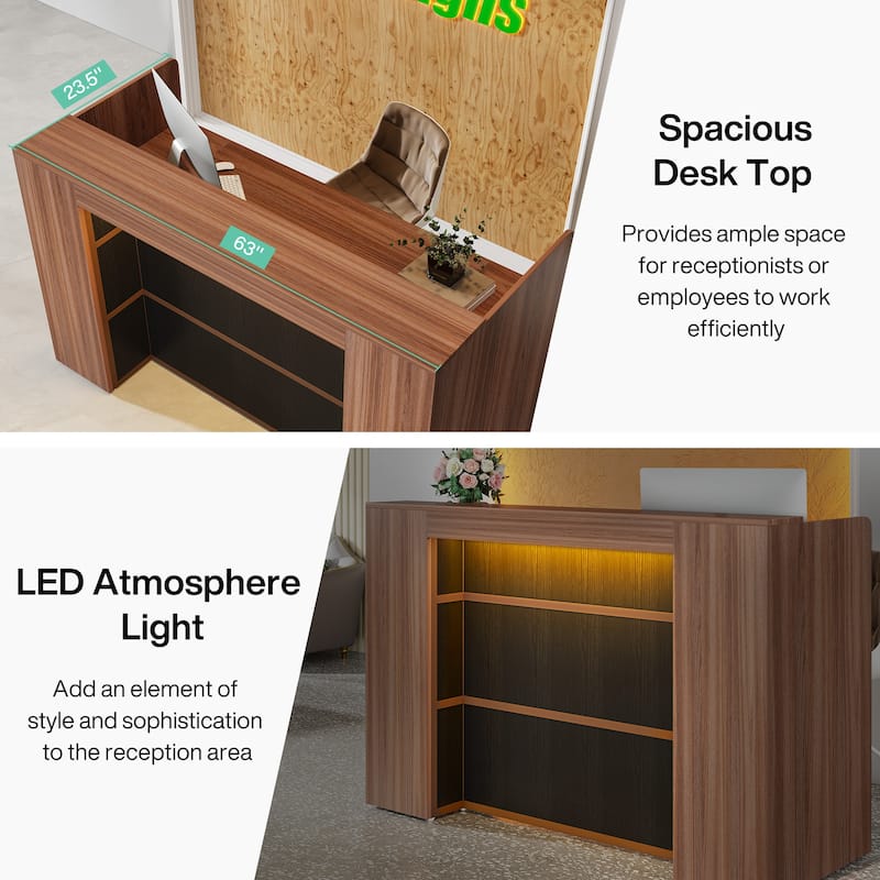 Large Reception Desk Front Desk with LED Lights for Salon Reception Room Store Office Lobby Retail Shop Clinic