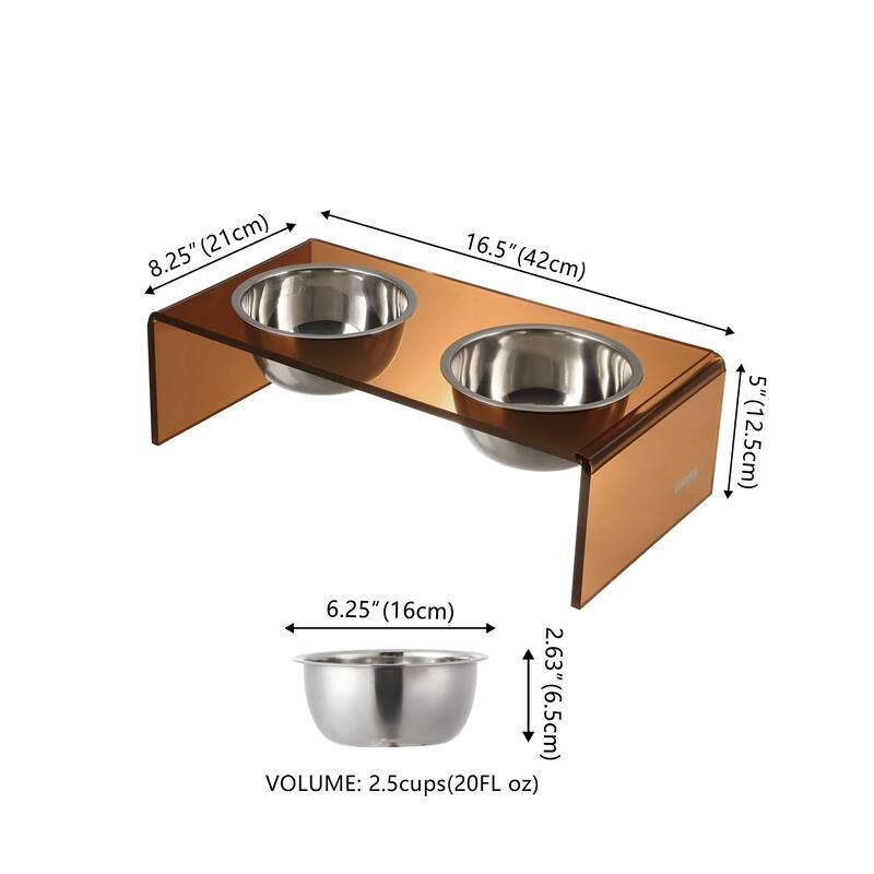 Keaton 5" Small/Medium Modern Lucite Rectangular Elevated Pet Feeder with 20oz 2-Stainless Steel Bowls