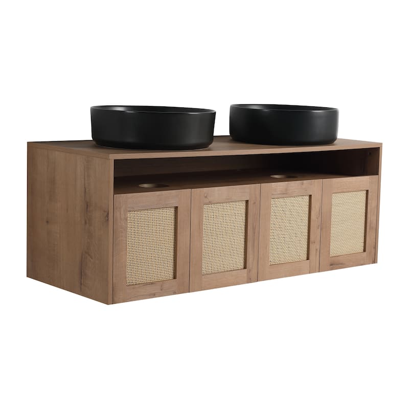 48" Bathroom Vanity with 2 Vessel Ceramic Sink Float Mounting Bathroom Storage Cabinet with 4-Soft Close Door - Imitative Oak
