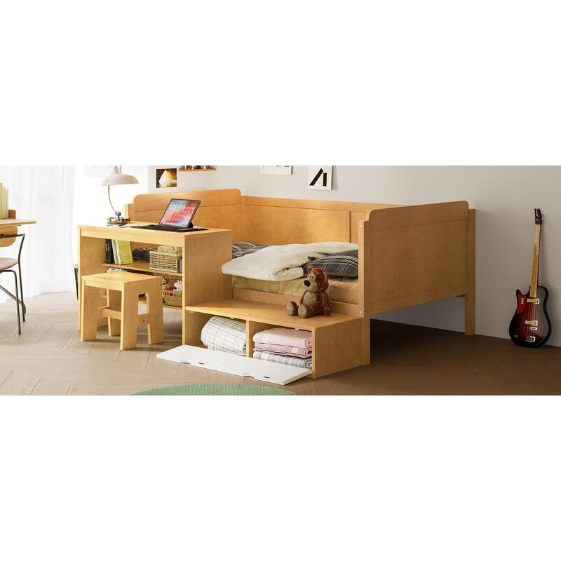 Multi-functional Wooden Twin Size Daybed with Storage, Study Desk, and Matching Stool