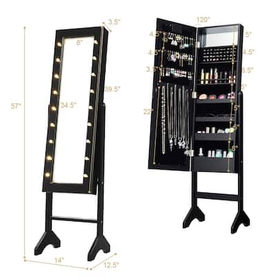 LED-Lighted Standing Jewelry Armoire Storage Cabinet with Full Length Mirror - 14" x 12.5" x 57" (L x W x H)