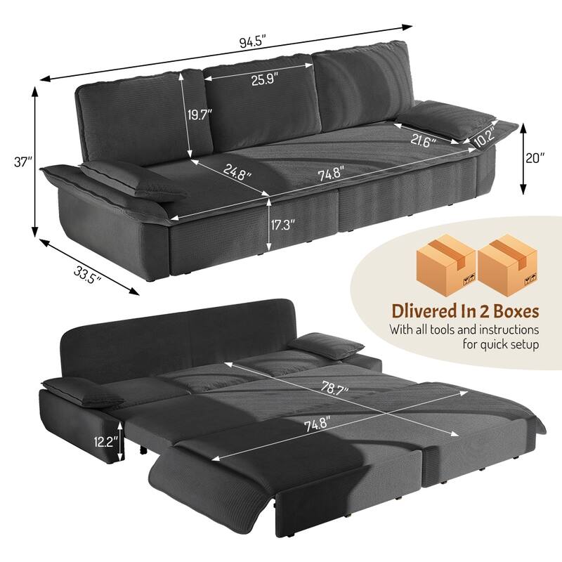94.5" King Size Corduroy Sleeper Sofa with Pull-Out Bed, 3-in-1 Convertible Design