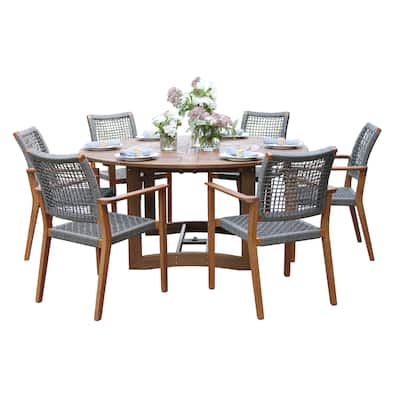 Eilaf 7-Piece Eucalyptus Lazy Susan Dining Set With 6 Stacking Rope Armchairs