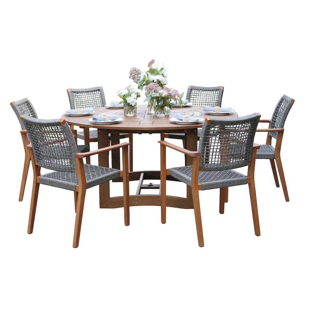 Eilaf 7-Piece Eucalyptus Lazy Susan Dining Set With 6 Stacking Rope Armchairs