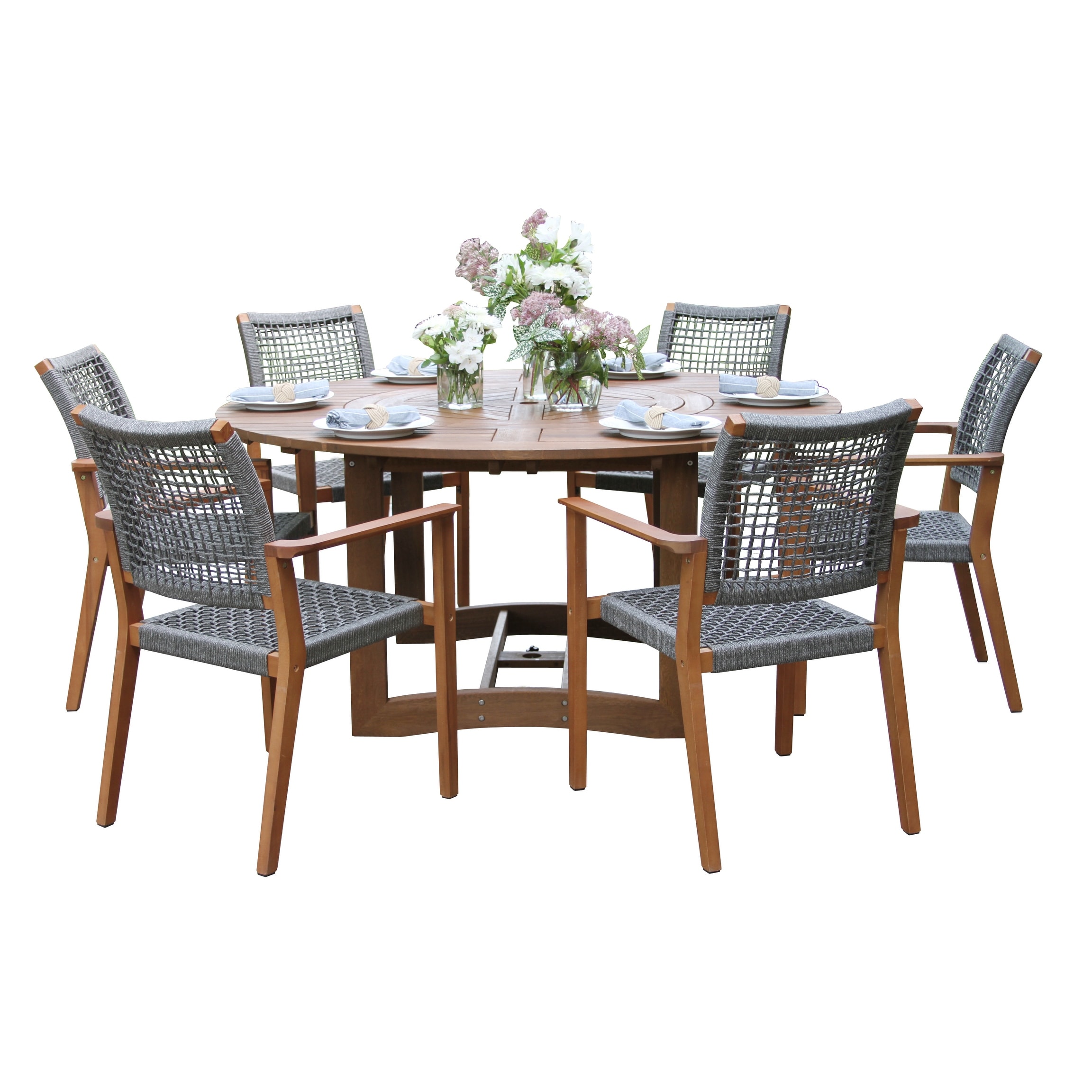 Eilaf 7-Piece Eucalyptus Lazy Susan Dining Set With 6 Stacking Rope Armchairs
