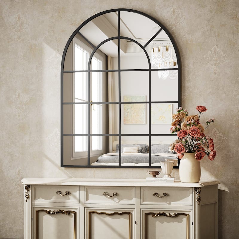 Arched Windowpane Bathroom Mirror with Metal Frame
