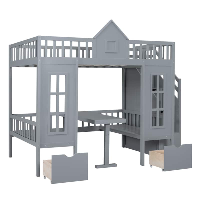 Full Size Wooden Loft Bunk Bed with Table, Seats, and Storage Shelves