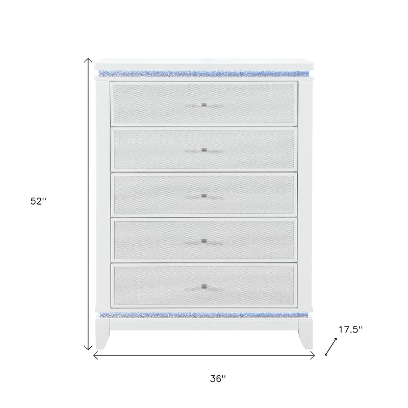 HomeRoots 36" White Faux Crystal Glitter Wood Lighted Five Drawer Dresser
