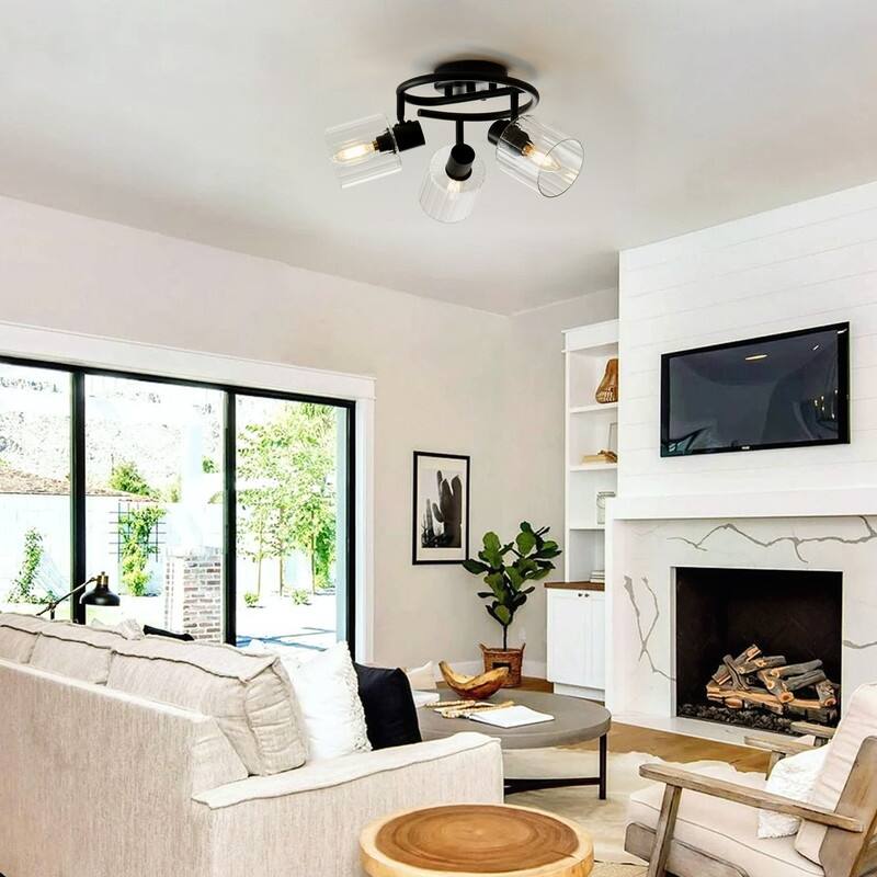 Modern 3 Light Semi-Flush Mount Ceiling Light with Clear Glass Shades and Black Finish