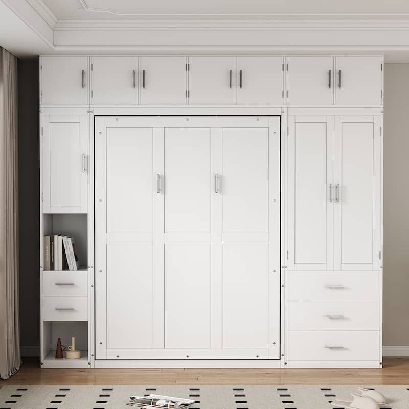 Roomfitters Twin Murphy Wall Bed with Built-In Lockers, Wardrobe Storage and Installation Video, White
