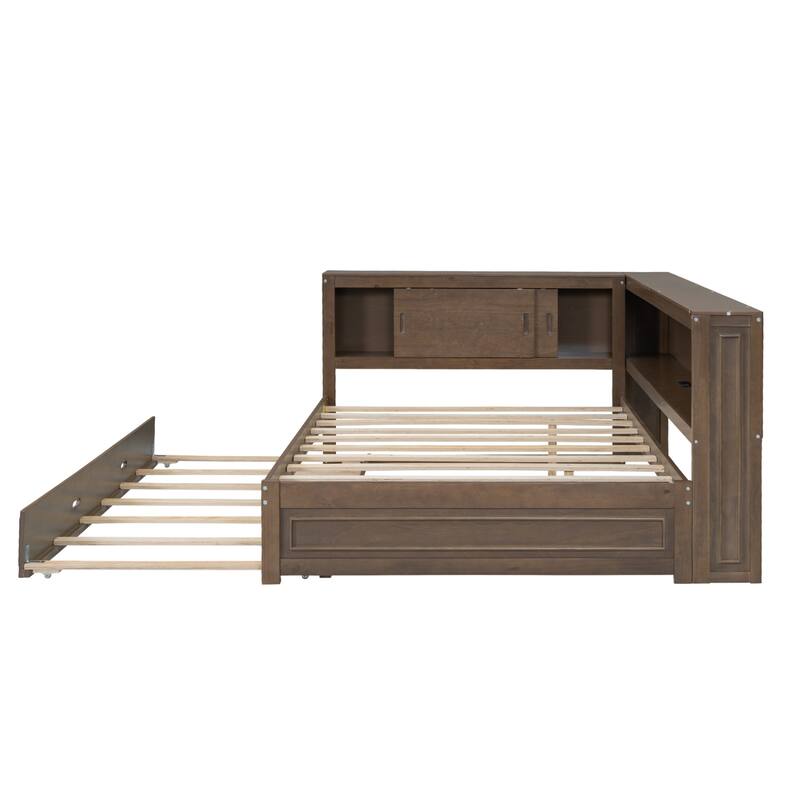 Full Size Wood Daybed with Storage Shelves, Practical Bed Frame with USB, LED Light and Trundle