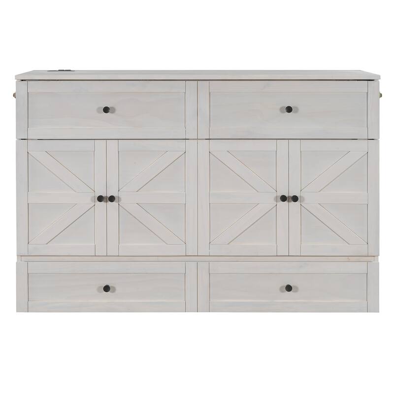 Space-Saving Queen Murphy Bed with Storage Drawers, USB Ports & Outlets, Brushed White/Gray Finish