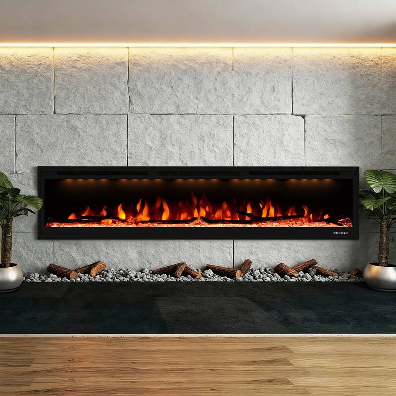 76" 1500W Modern Inserted Wall Mounted Linear Smart Electric Fireplace Heater with APP Control and Remote