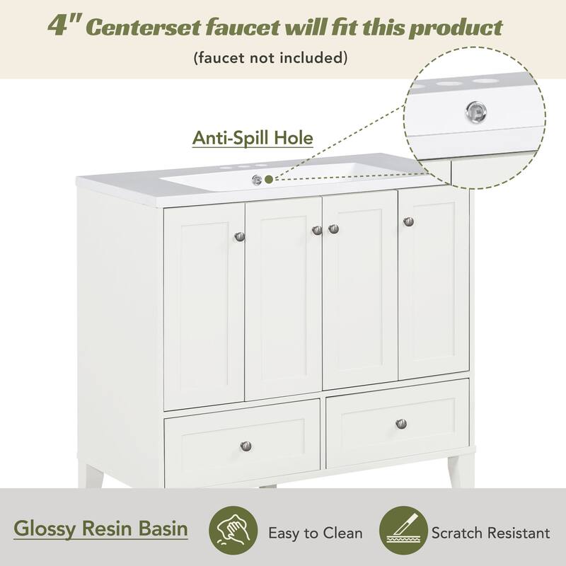 36'' Bathroom Vanity with Resin Sink Combo,Solid Wood Frame Bathroom Storage Cabinet with 4 Soft Closing Doors& 2 Drawers