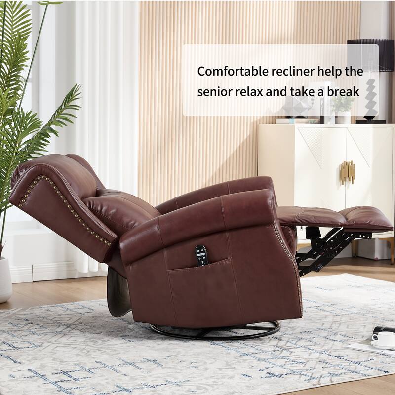 Manual Recliner Chair with Heat & Massage, Genuine Leather Swivel Recliner Chair, Lounge Sofa Chair with Side Pockets
