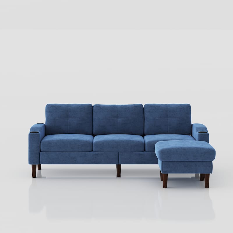 Blue 78.74" Fabric Convertible L-Shaped Sofa with Storage Ottoman, USB Port, and Cup Holder