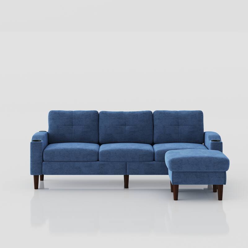 Blue 78.74'' Convertible L-Shaped 3-Seater Sofa with Storage Footstool and USB Port, for Living Room, Bedroom, or Small Spaces