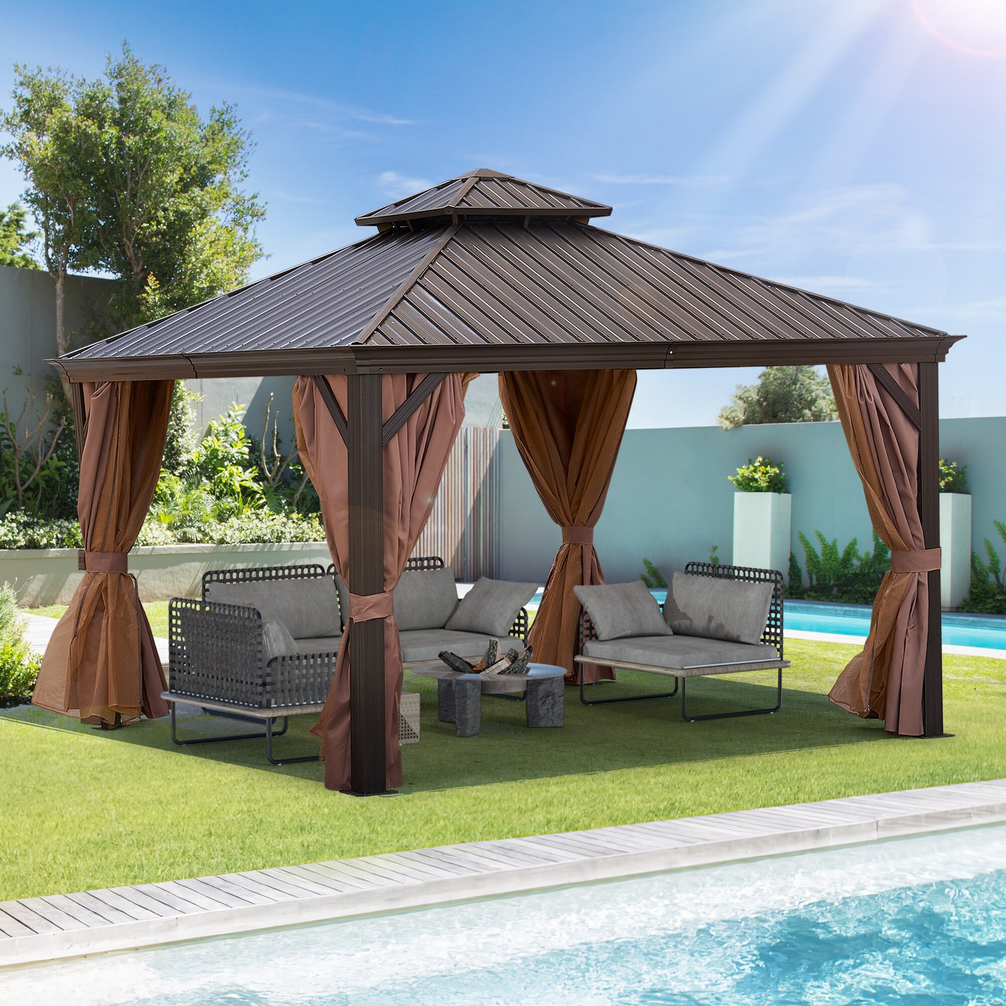 12 x 12 ft Permanent Patio Gazebo Canopy with Galvanized Steel Double Roof and Nettings Curtains Bed Bath Beyond 38430034