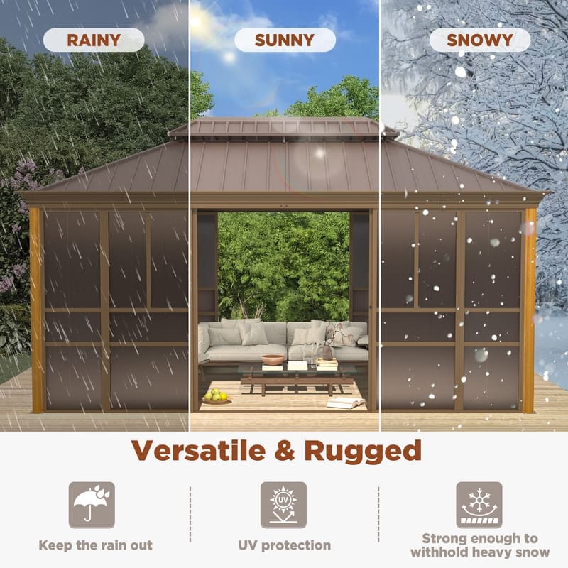 Outdoor Hardtop Sunroom Gazebo with Double Roof & Sliding Doors, All-Season Aluminum Outdoor Pergola, PE Screens&Lockable Design