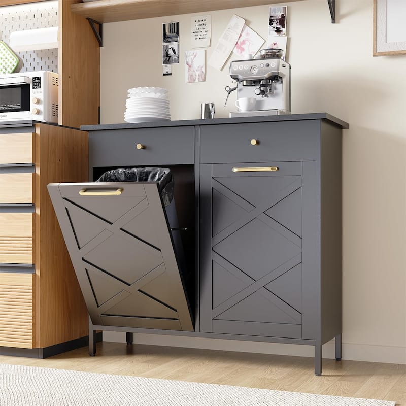 AECOJOY Double Tilt Out Trash Can Cabinet, 20 Gallon Metal Dog Proof Trash Can with 2 Drawers
