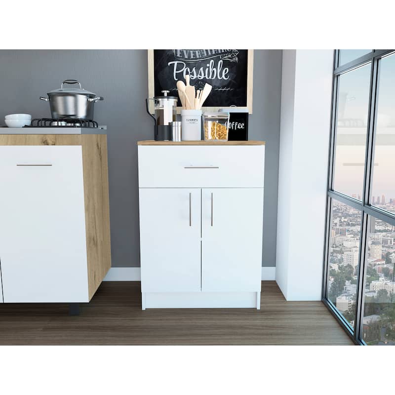 FM Furniture Oxford Pantry Cabinet with Double Doors, Drawer, Metal Handles, and 2 Interior Shelves - White/Light Oak