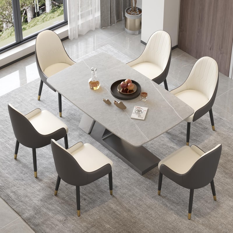 Slate Dining Table Faux Marble Table with Z shape Stainless Steel Pedestal
