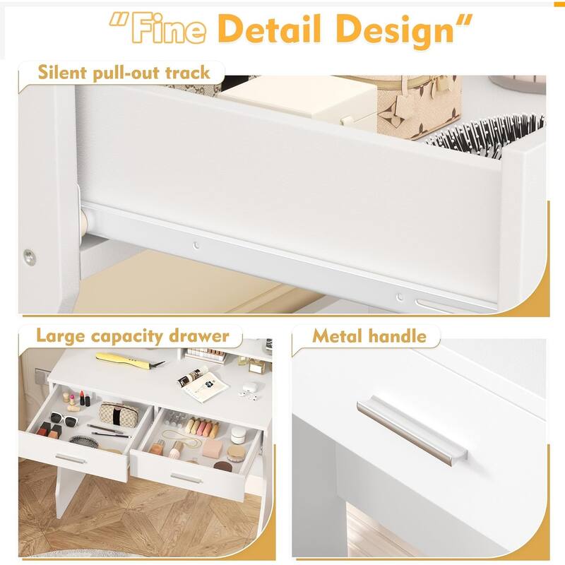 White Makeup Vanity Desk Wooden Dressing Table with Adjustable Lighted Mirror & 2 Drawers & Storage Shelves for Bedroom