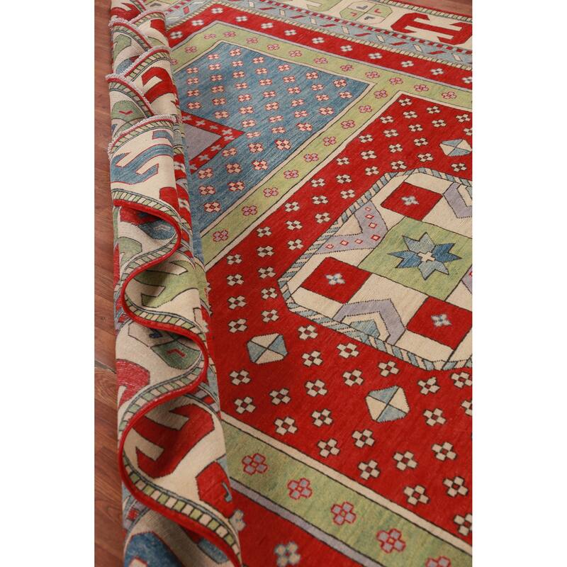 Hand Knotted Oriental 100% Wool Carpet Traditional Geometric Multi-Colored Kazak Area Rug - 11' 7'' X 8' 6''