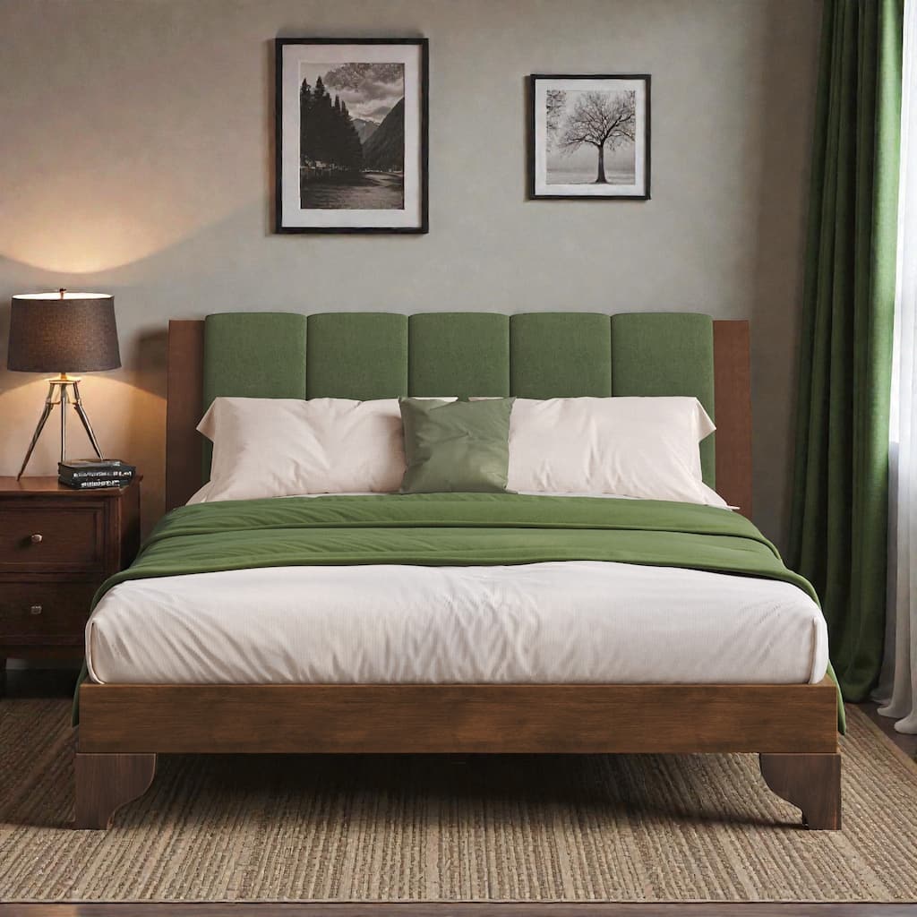 Premium Pine Wood Queen/King Bed Frame with Headboard, Mid Century Modern Platform Bed, Sturdy MDF Construction