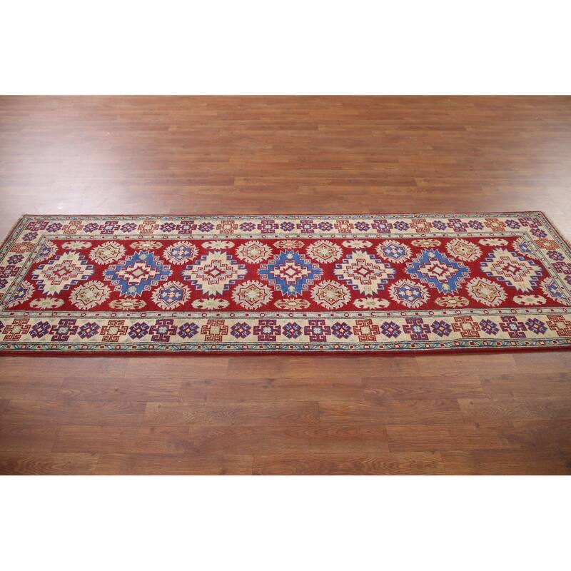 Hand Knotted Oriental 100% Wool Carpet Traditional Geometric Red Kazak Runner Rug - 8' 7'' X 2' 8''