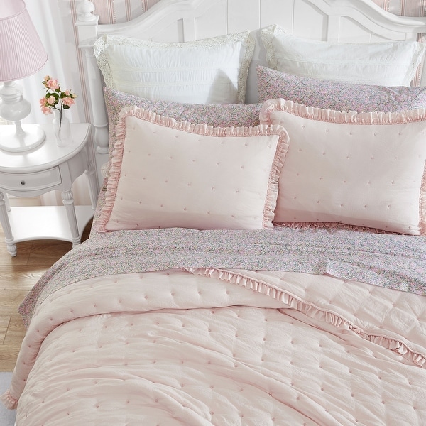 Laura Ashley Hailee Solid Pink Microfiber Quilt Set - On Sale