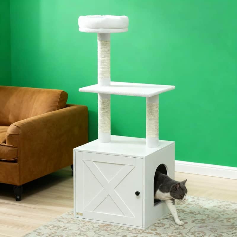 White Cat Tree with Litter Box Enclosure