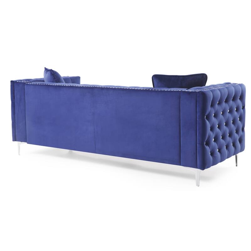 Blue Velvet Sofa with Tufted Design and Chromed Steel Legs
