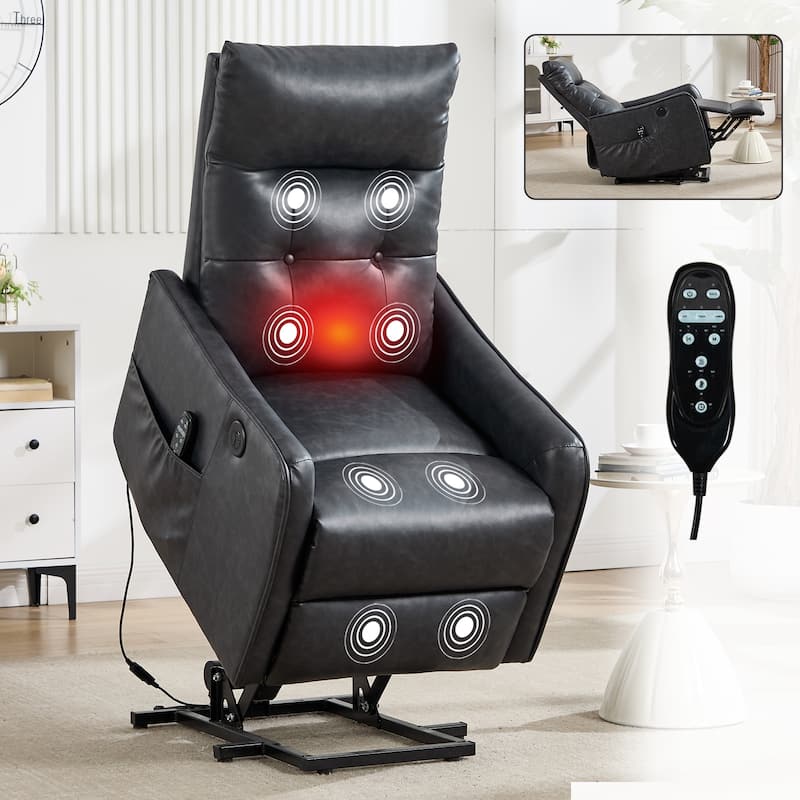 PU Leather Recliner with Single Motor Lift Massage Heat and 155 Degree Recline - Grey
