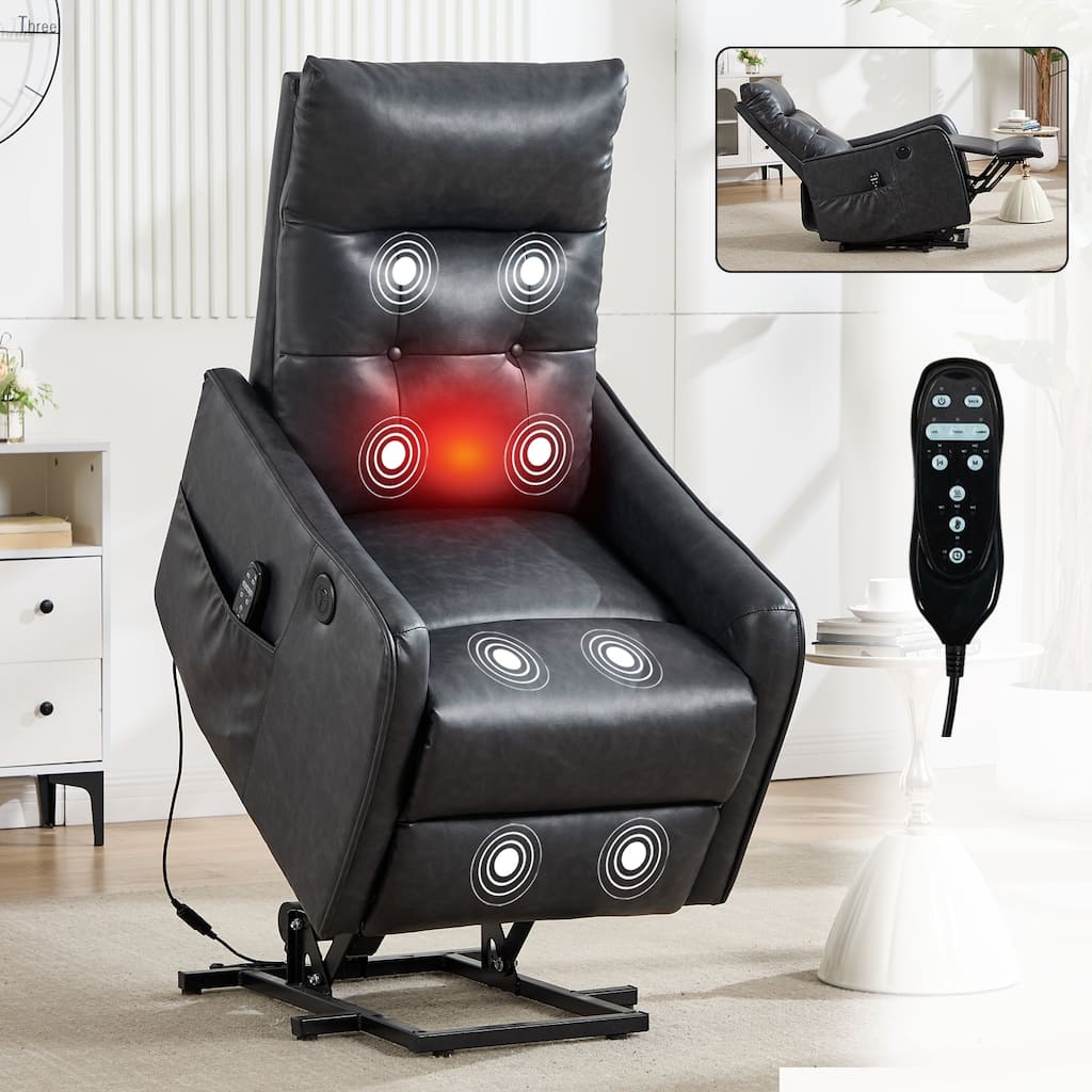 PU Single Motor Power Lift Recliner Chair with Massage and Heat for Elderly, Heavy Duty Motion Mechanism and One USB