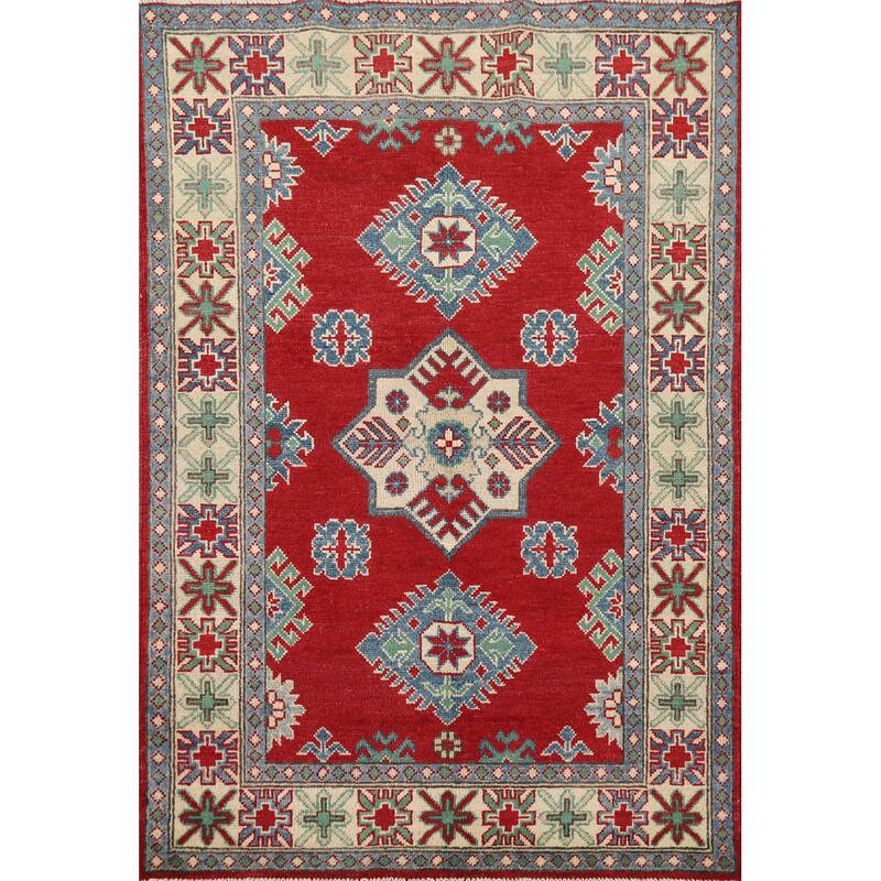 Red Kazak Oriental Accent Rug Hand-Knotted Geometric Wool Carpet - 3'4" x 4'11"
