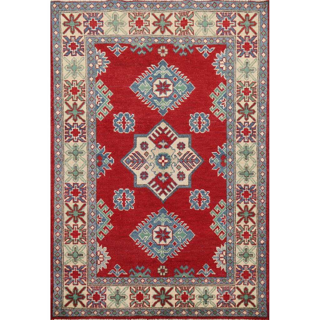Red Kazak Oriental Accent Rug Hand-Knotted Geometric Wool Carpet - 3'4" x 4'11"