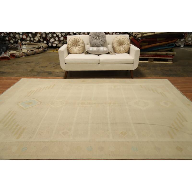 Hand Woven Oriental 100% Wool Carpet Southwestern Tribal Beige & Ivories Kilim Area Rug - 10' 2'' X 7' 9''