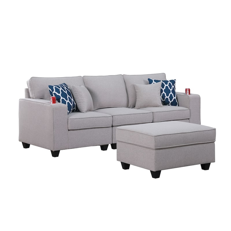 Linen Upholstered Sofa with Ottoman in Light Gray